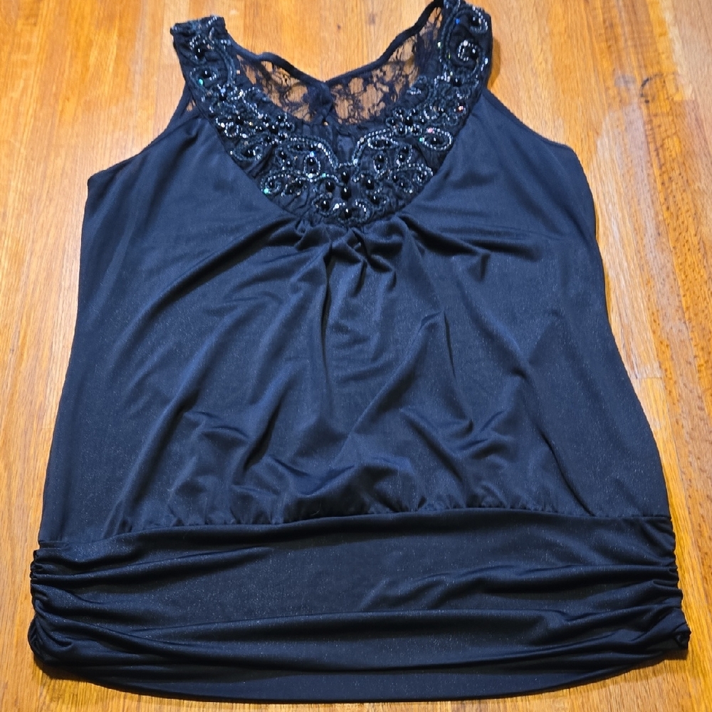 Studio Y Women Large Black Silver Sequin Beaded Round Neck Sleeveless Y2K Top